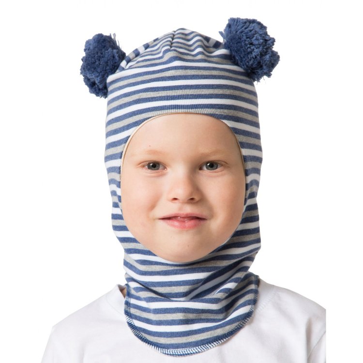 Kivat Шлем хлопковый с помпонами (синий в полоску)
