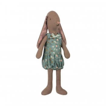 Заяц девочка в бирюзовом комбинезоне в цветочек размера мини (22 см) 61135 Maileg 16-8126-01 