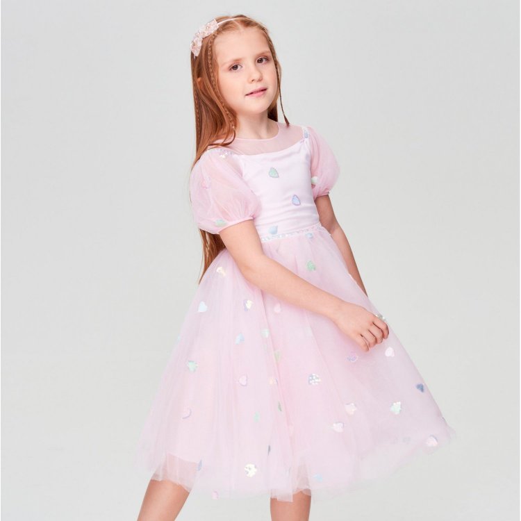 Choupette Платье нарядное с пышной юбкой из сетки с сердечками (нежно-розовый)