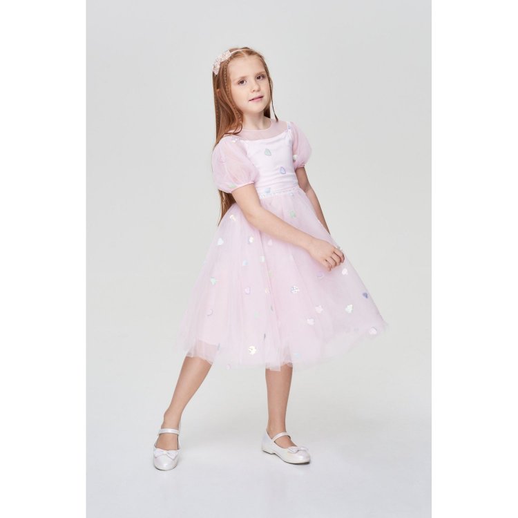 Фото 2 Платье нарядное с пышной юбкой из сетки с сердечками (нежно-розовый) 92585 Choupette 1312 43