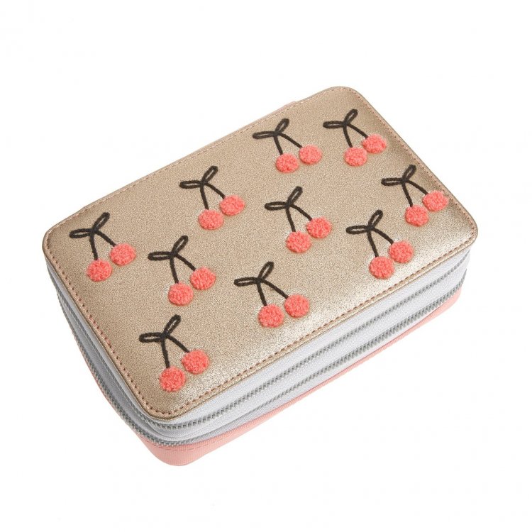Jeune Premier Пенал с наполнением Pencil Box Filled Cherry Pompon (золотой с вишенками)