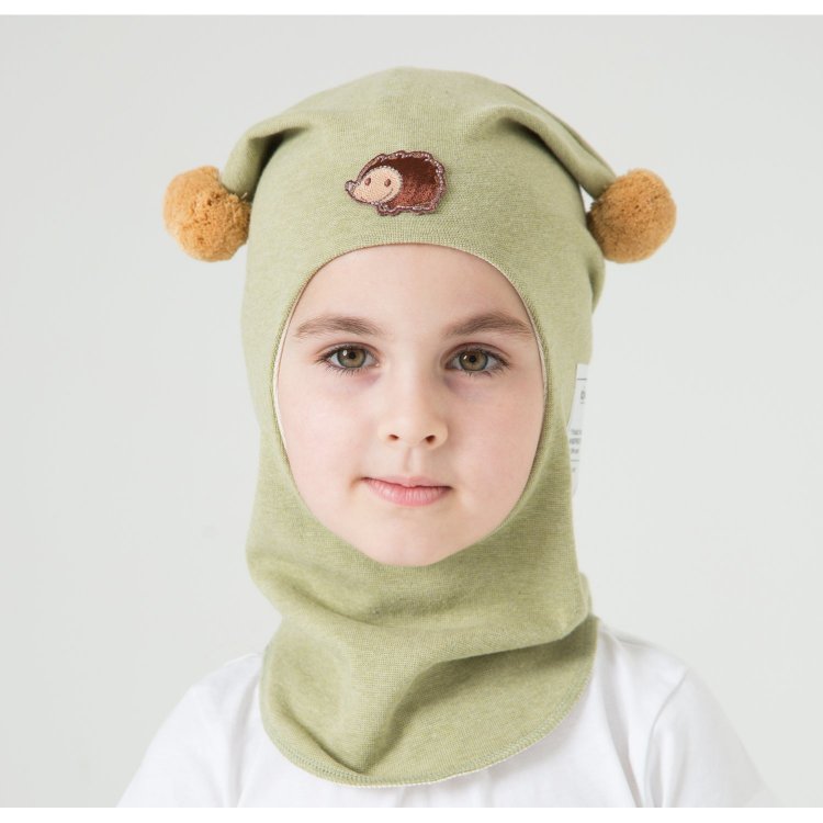 Kivat Шапка-шлем хлопковый со вставками с помпонами (светло-зеленый с ежиком)