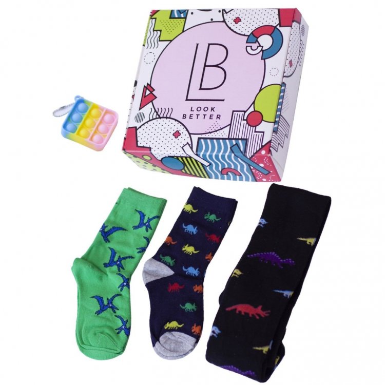 LB Подарочный набор: 2 пары носков и колготки (черный, синий, зеленый с динозаврами)