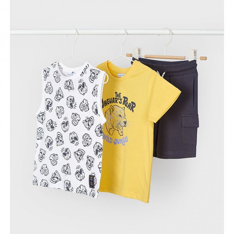 Mayoral Комплект: футболка + майка + шорты (желтый, белый, серый)