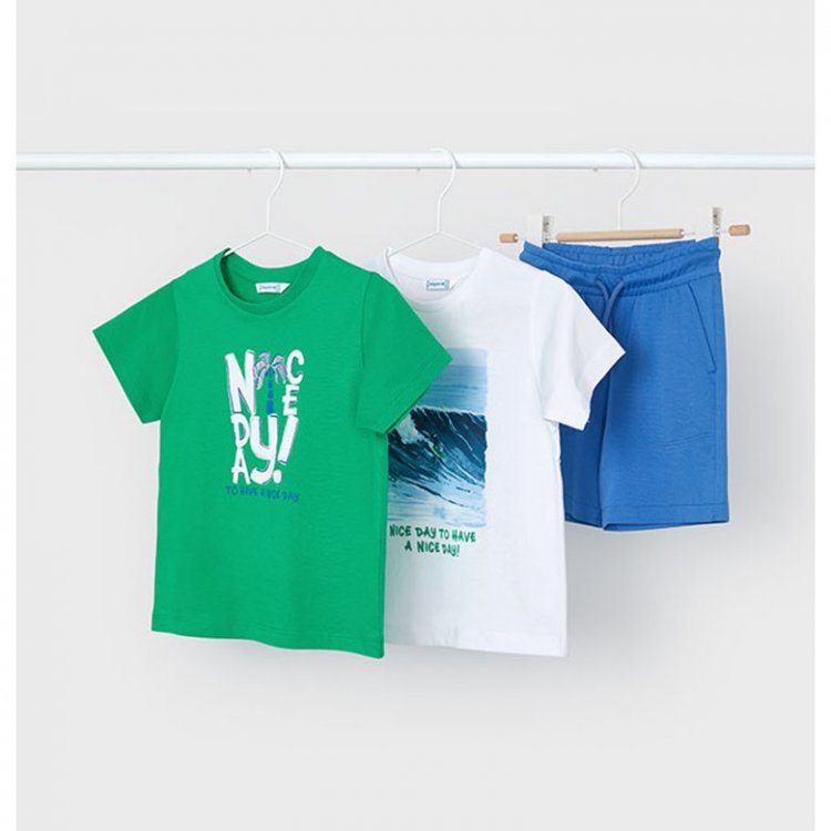Mayoral Комплект: 2 футболки + шорты (зеленый, белый, голубой)