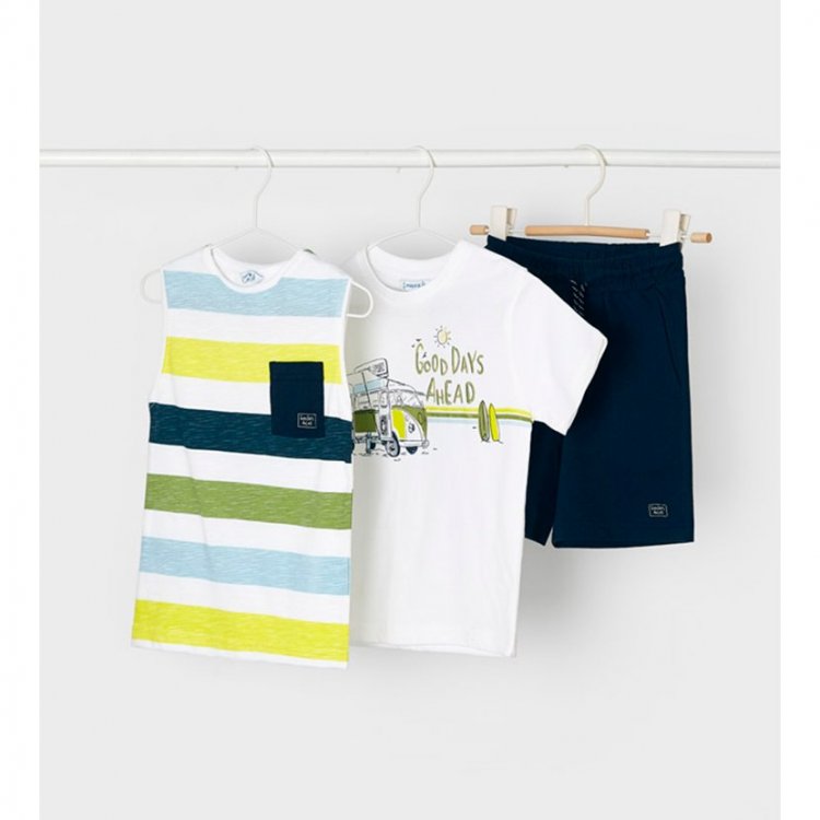 Mayoral Комплект: футболка, майка, шорты (белый/полоска/темно-синий)