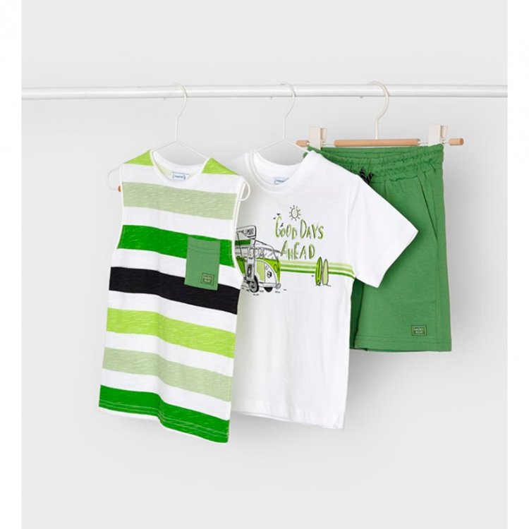 Mayoral Комплект: футболка, майка, шорты (белый/полоска/зеленый)