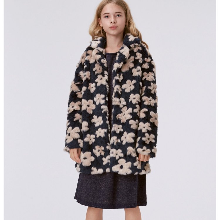 Molo Меховое пальто Haili Flower Fur (черный с цветочным принтом)