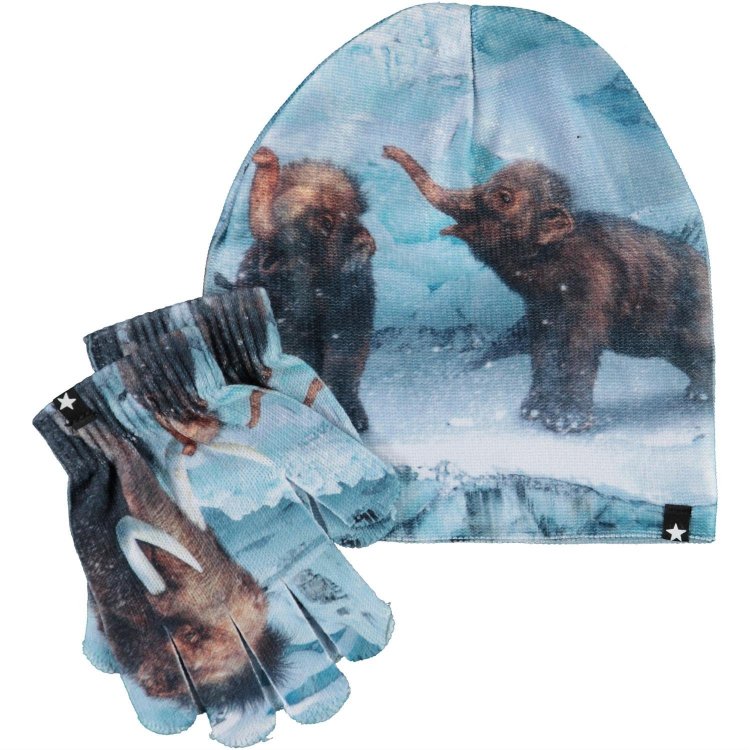 Molo Комплект: шапка, перчатки Kaya Mammoth Baby (голубой с мамонтом)