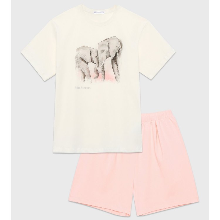 Фото 11 Пижама Rita Romani Слоны: футболка + шорты (бежево-розовый с принтом) 119762 Rita Romani 8062-1