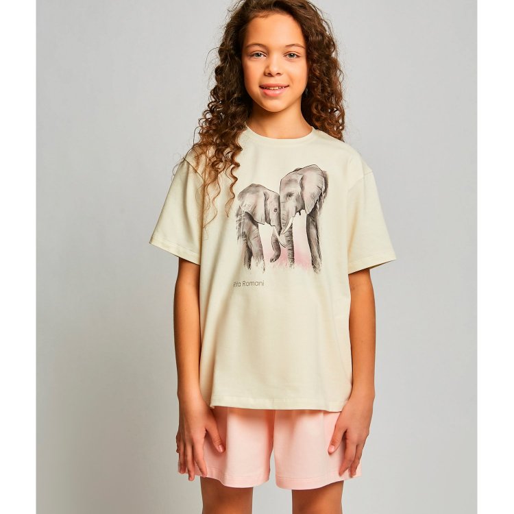 Пижама Rita Romani Слоны: футболка + шорты (бежево-розовый с принтом) 119762 Rita Romani 8062-1 