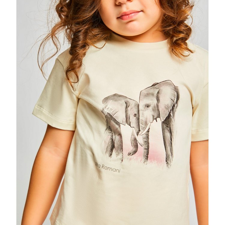 Фото 8 Пижама Rita Romani Слоны: футболка + шорты (бежево-розовый с принтом) 119762 Rita Romani 8062-1