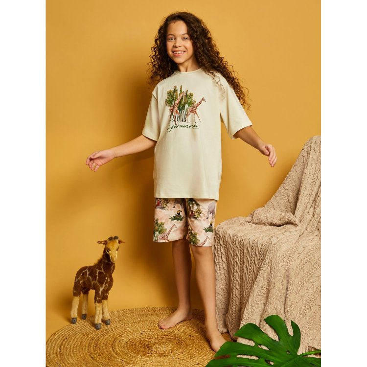 Фото 2 Пижама Rita Romani Жирафы: футболка + шорты (бежевый с животными) 119782 Rita Romani 8549